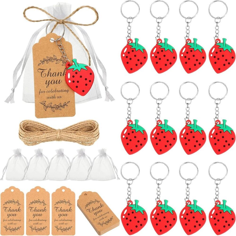 48 Sets Strawberry Baby Shower Party Favor Strawberry Keychains Charm with Thank
